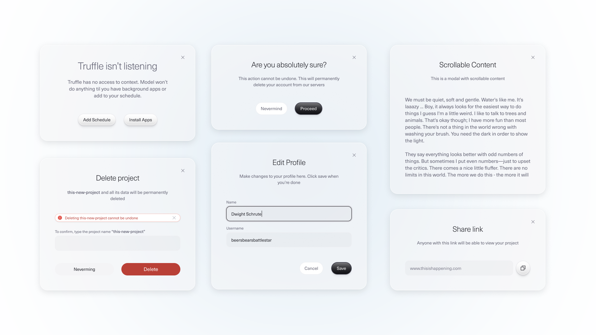 Truffle design-system board 1 of 7 — tokens, badge/status set, modal symbols.
