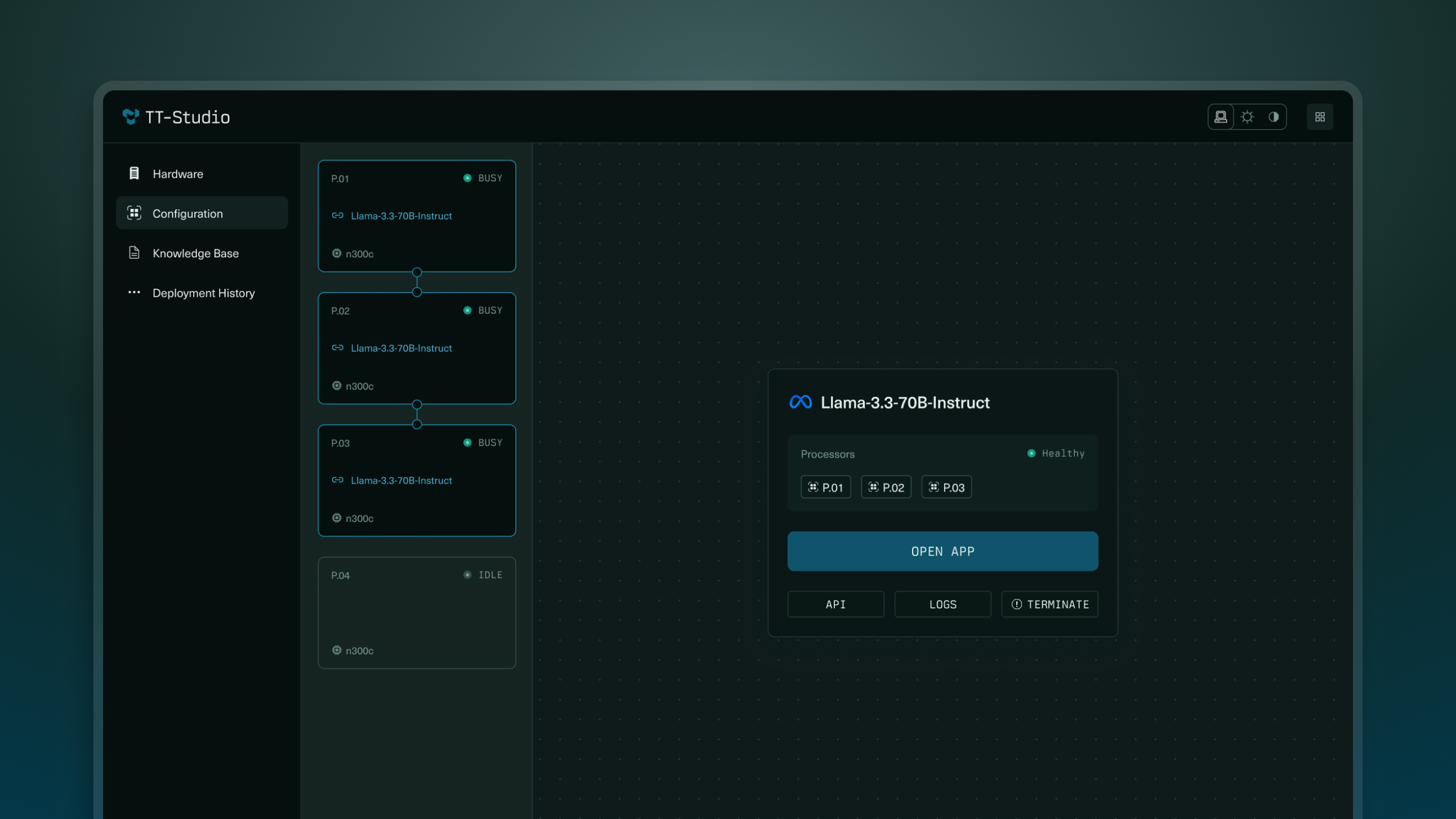 TT-Studio — deployed model, processor stack, and system state